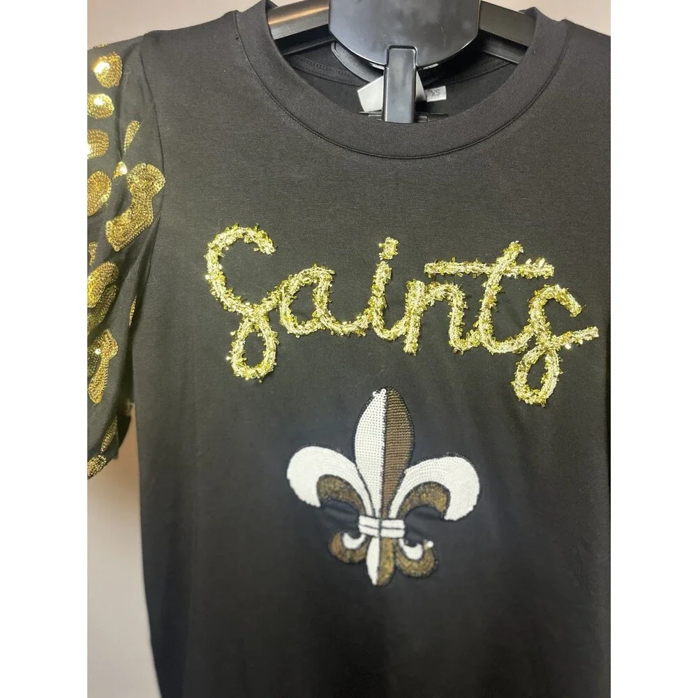 Sash Clothing Bar Saints Sequin Fleur De Lis Top XS Black Gold Puff Sleeve